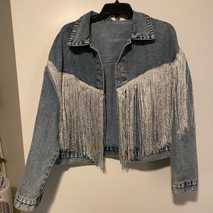 Oversized fringed denim jacket